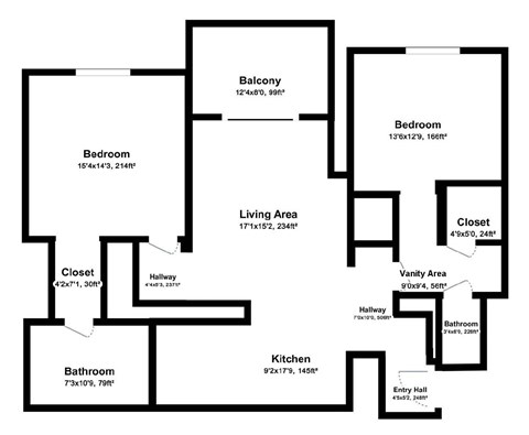 Floor plan for 2 beds, 2 baths, 960 sqft